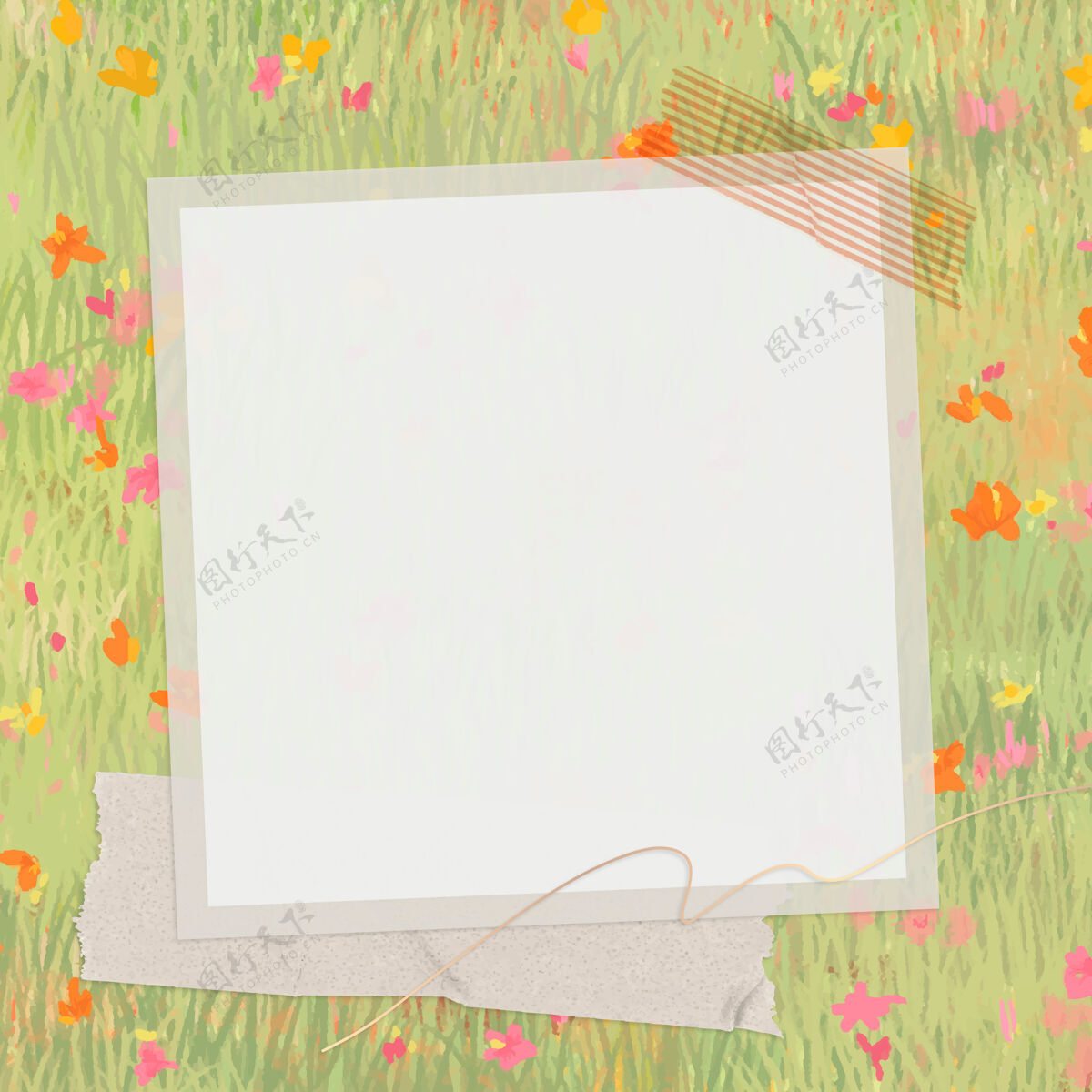 画框在春暖花开的田野上定格纸张纹理花卉绘图