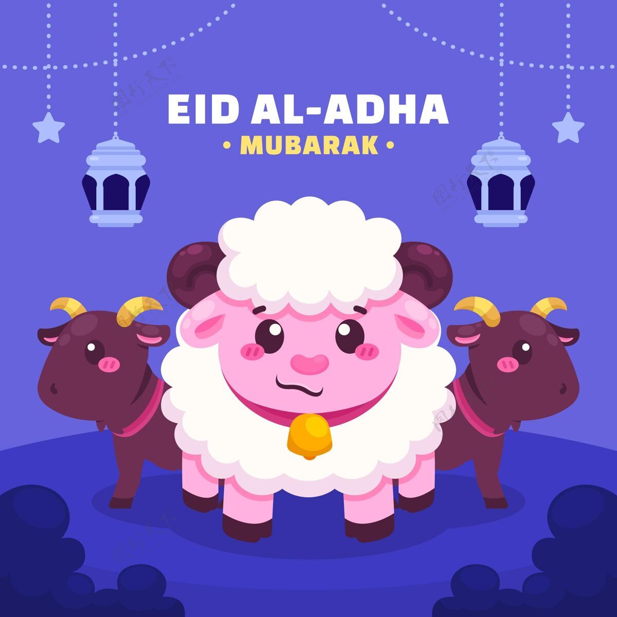 伊斯兰卡通宰牲节插画eidal-adhamubarakBigeid绵羊