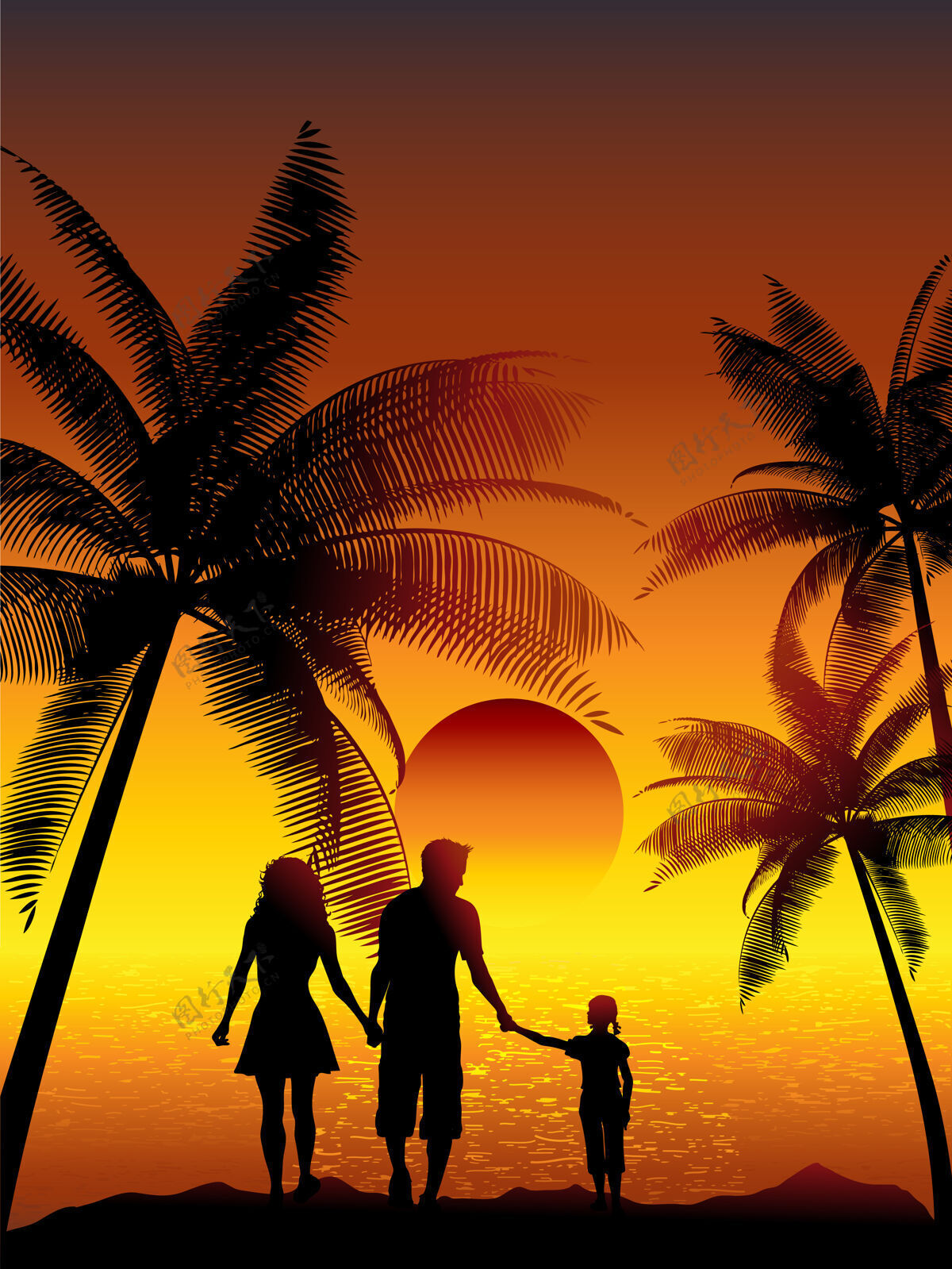 家庭一家人在热带海滩上散步的剪影父亲日落年轻人