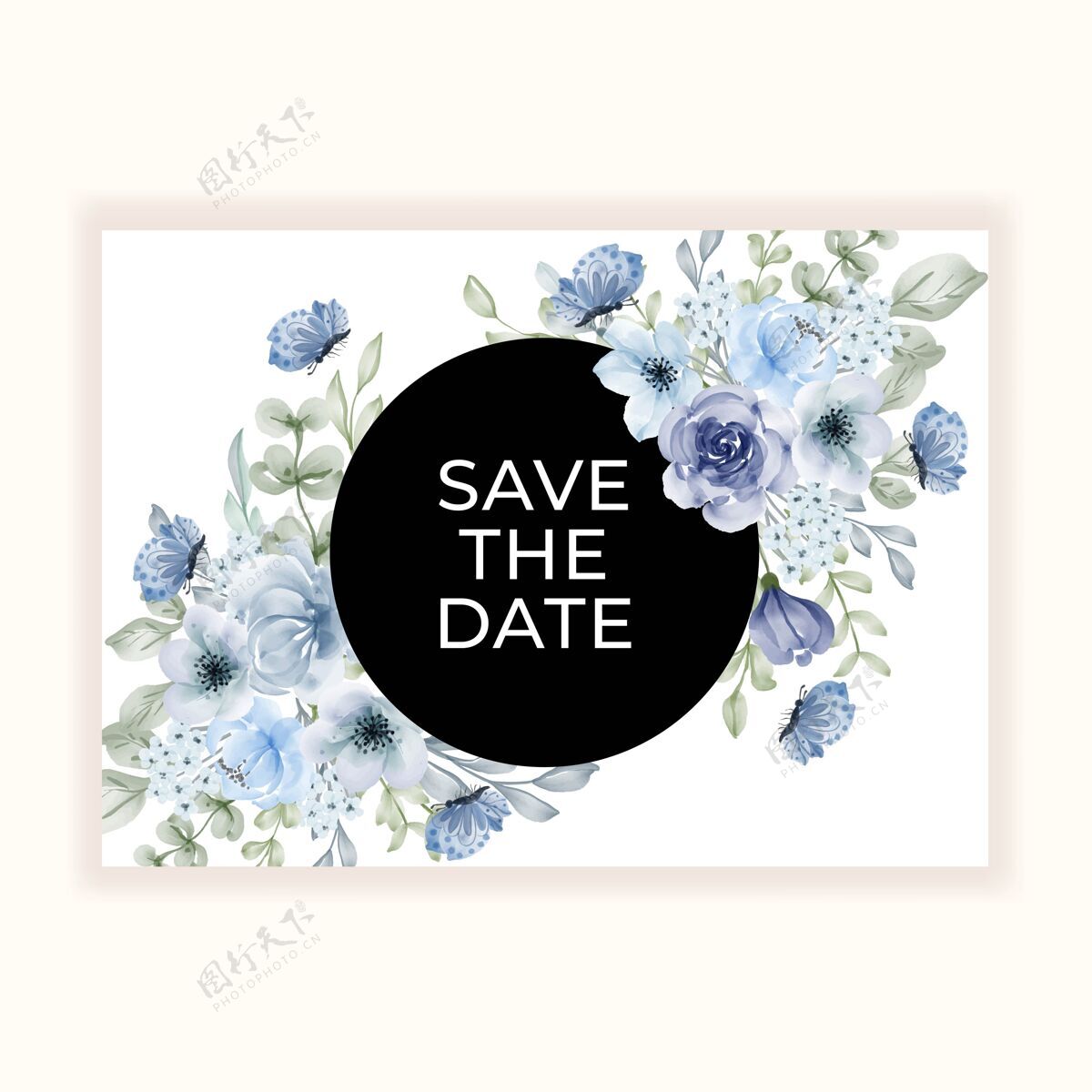 年份婚礼请柬用漂亮的花框蓝色保存日期花卉优雅