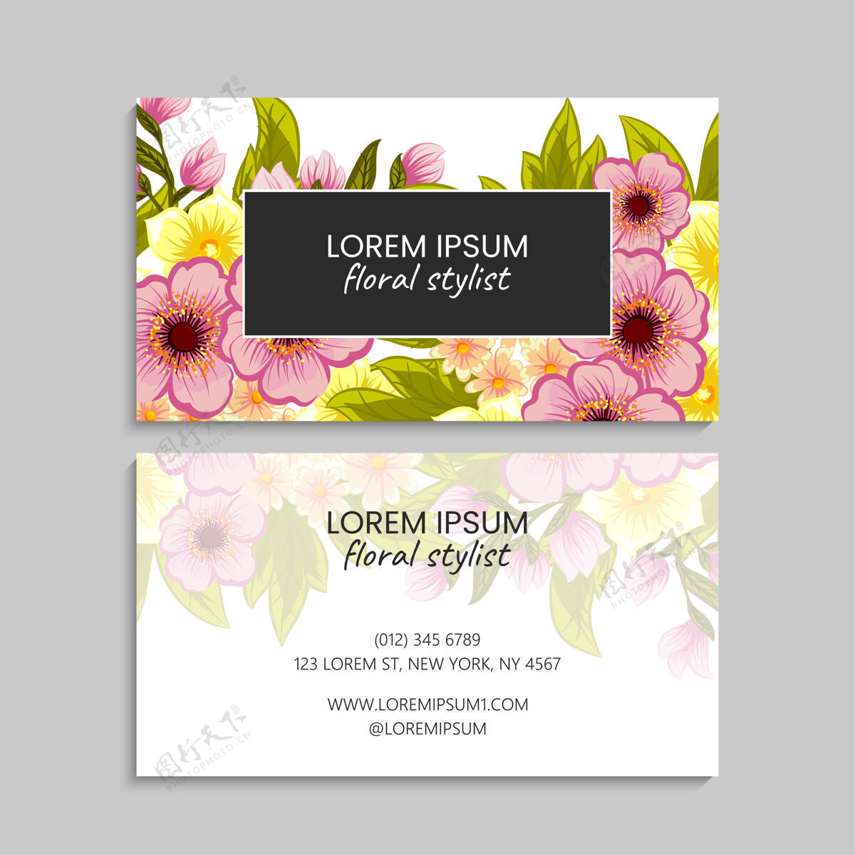 边框带粉色花朵的抽象名片模板空白长方形花