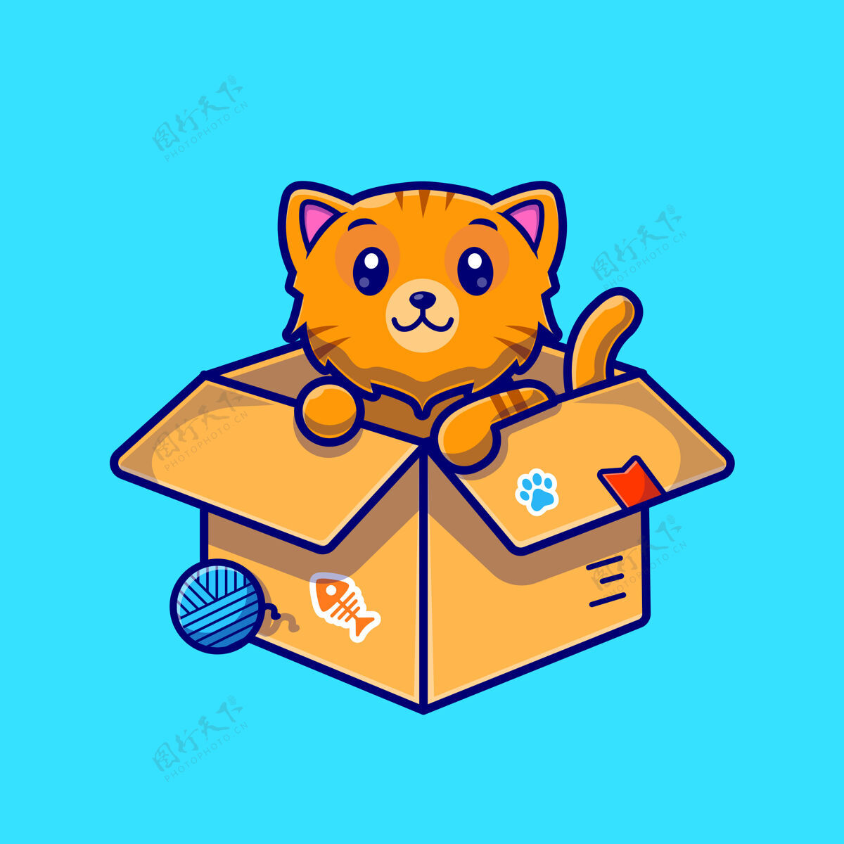 毛皮可爱的盒子里的猫卡通人物动物天性与世隔绝鱼可爱婴儿
