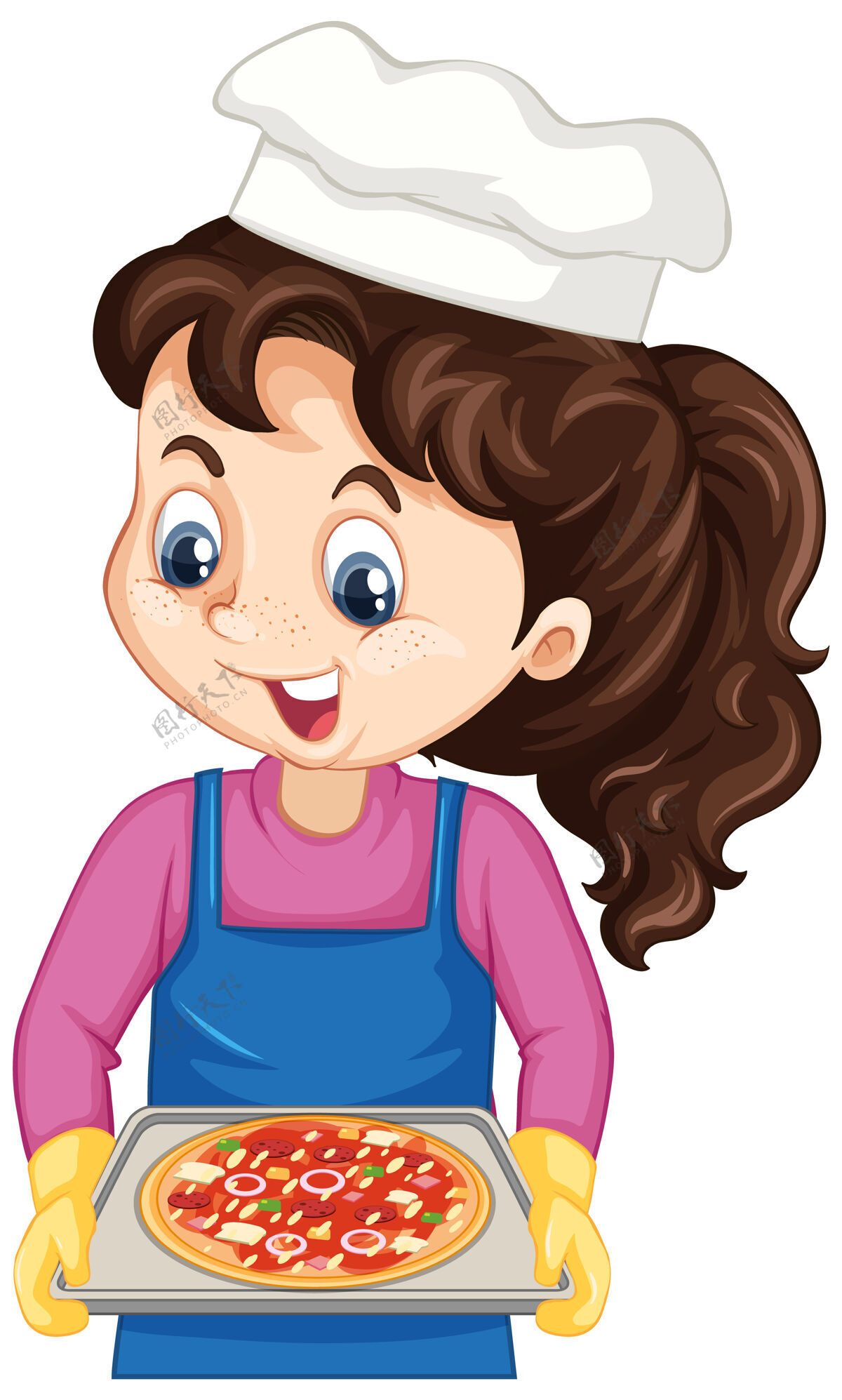 自制厨师女孩卡通人物拿着比萨饼托盘卡通可爱女人