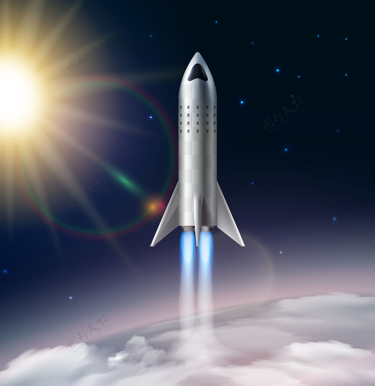 视图火箭发射组成现实的平流层与太阳恒星和未来飞行火箭图像的看法现实发射星星