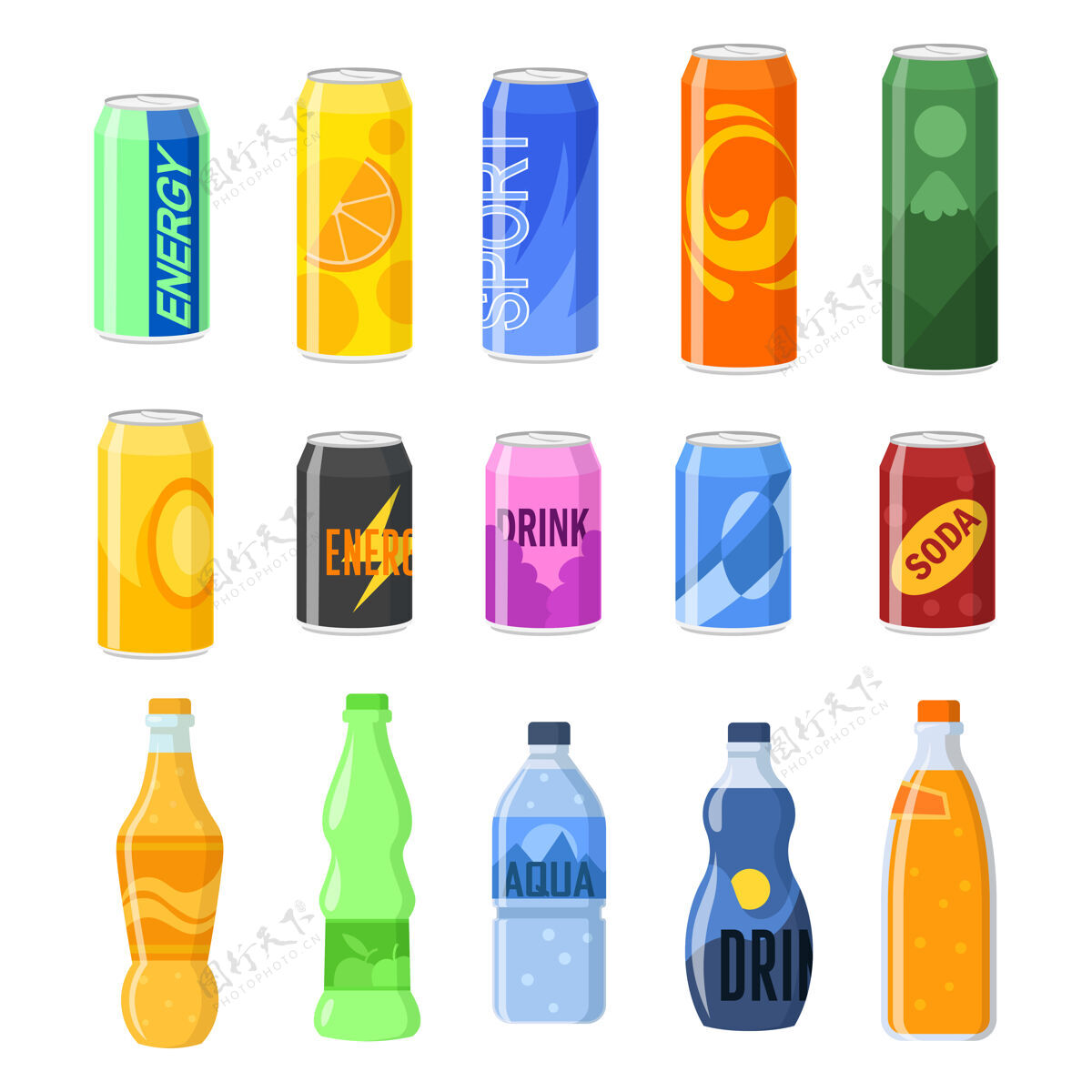 不健康饮料罐和塑料瓶插图集瓶盖卡通水