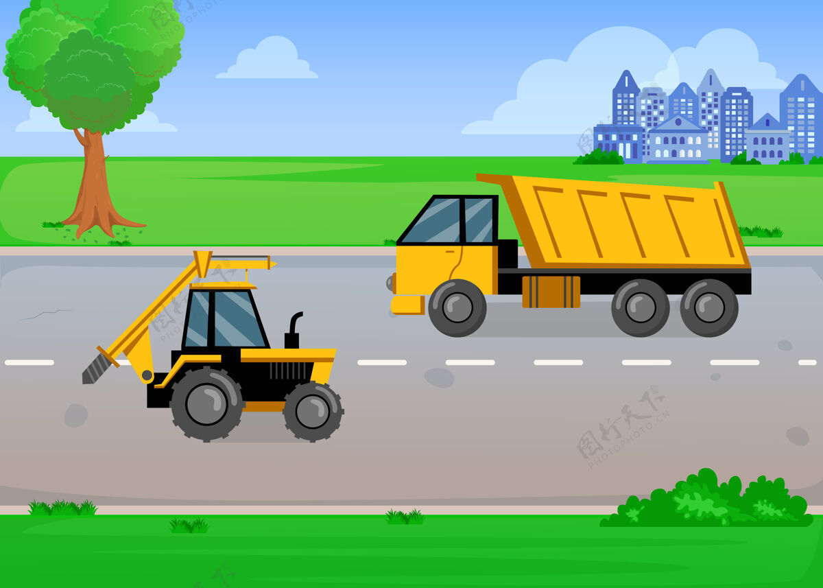 农业卡通黄色卡车和拖拉机在夏天的道路上灌木农村汽车
