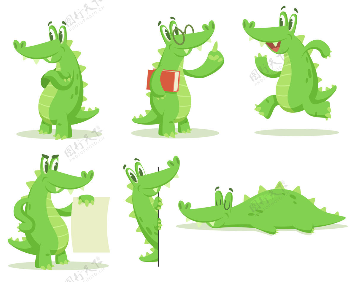 恐龙卡通鳄鱼角色插图集姿势野生动物动物园