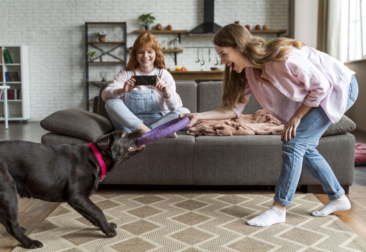 女人全镜头女人和狗玩得开心放松狗在家里