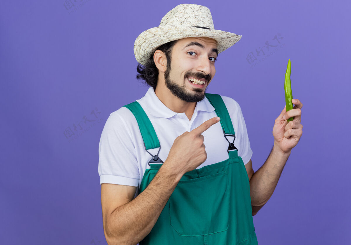 公民年轻的留着胡子的园丁 穿着连身衣 戴着帽子 用食指指着青椒 站在蓝色的墙上微笑着感觉人帽子
