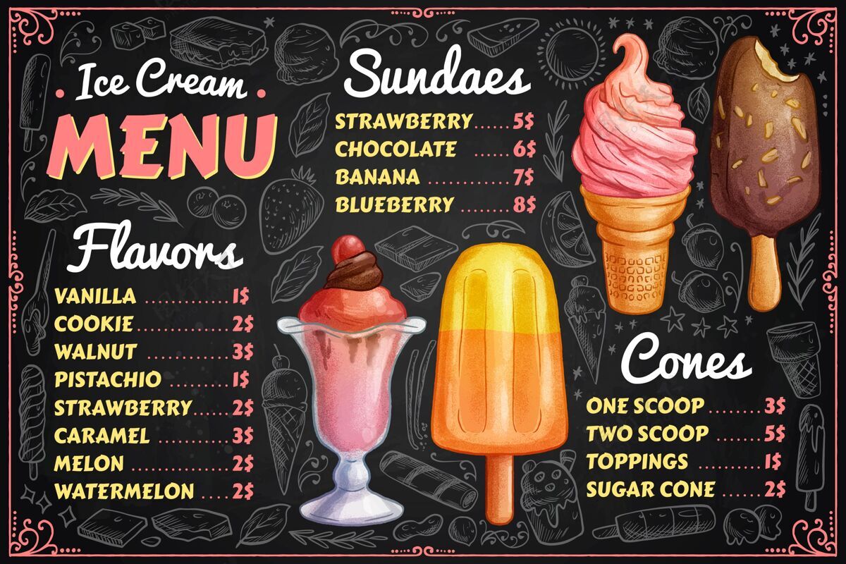夏天手绘冰淇淋黑板菜单凉爽风味冰激凌