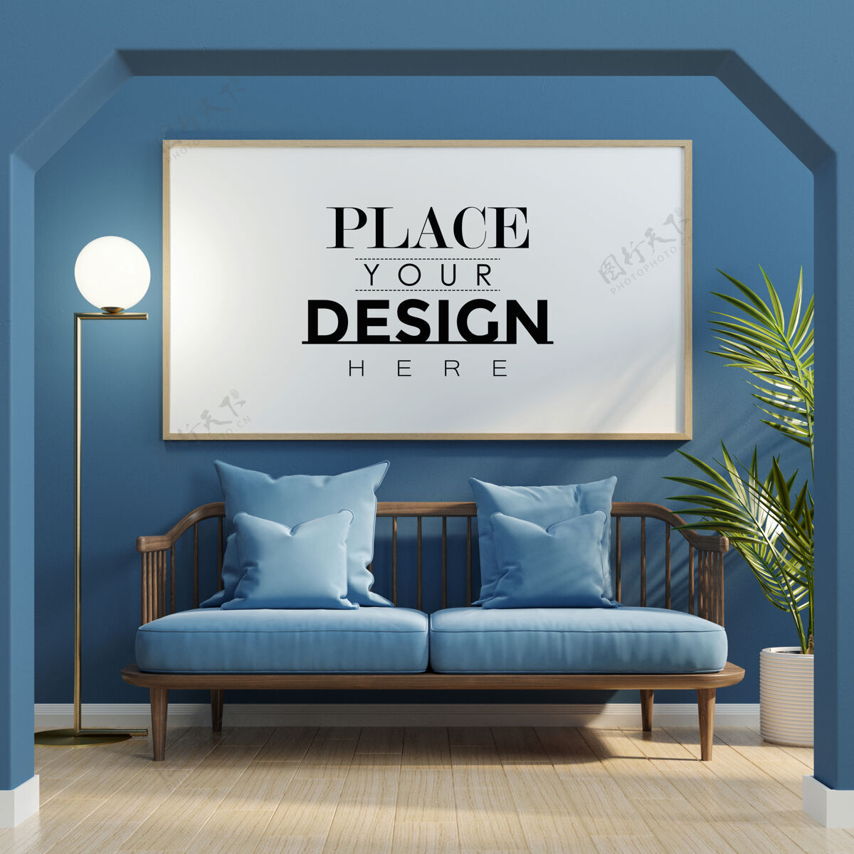室内客厅模型中的海报框架3d墙真实家具