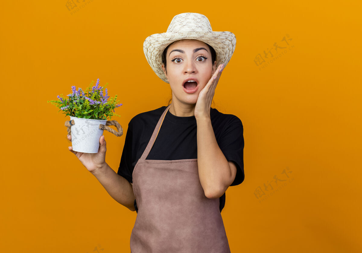 女人年轻漂亮的女园丁围着围裙 戴着帽子 手里拿着盆栽植物 站在橘色的墙上 惊讶地看着前面脸年轻抱