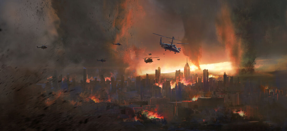 飞行龙卷风中的城市 世界末日场景插图未来恐怖黄昏