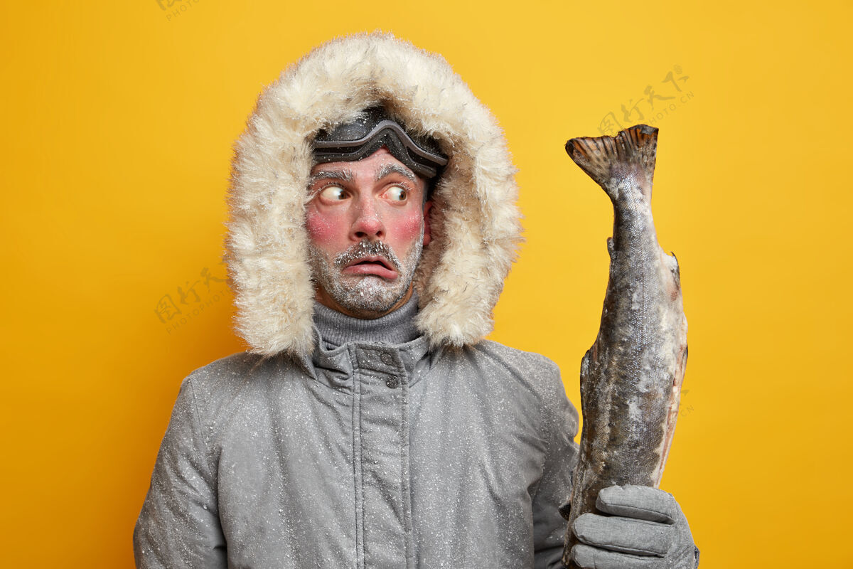 探险冬季钓鱼和运动概念惊呆了的冻人拿着惊呆了的大奖杯钓到的鱼穿的外套有着满脸积雪的红脸北方冰河