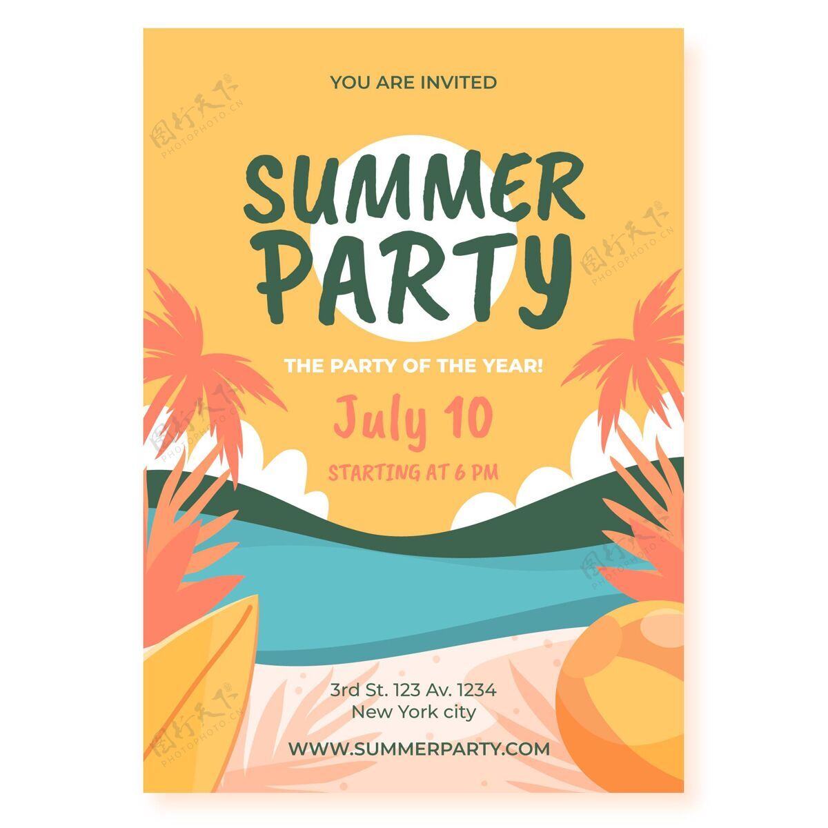 夏天模板手绘夏季派对垂直海报模板夏天聚会传单垂直聚会