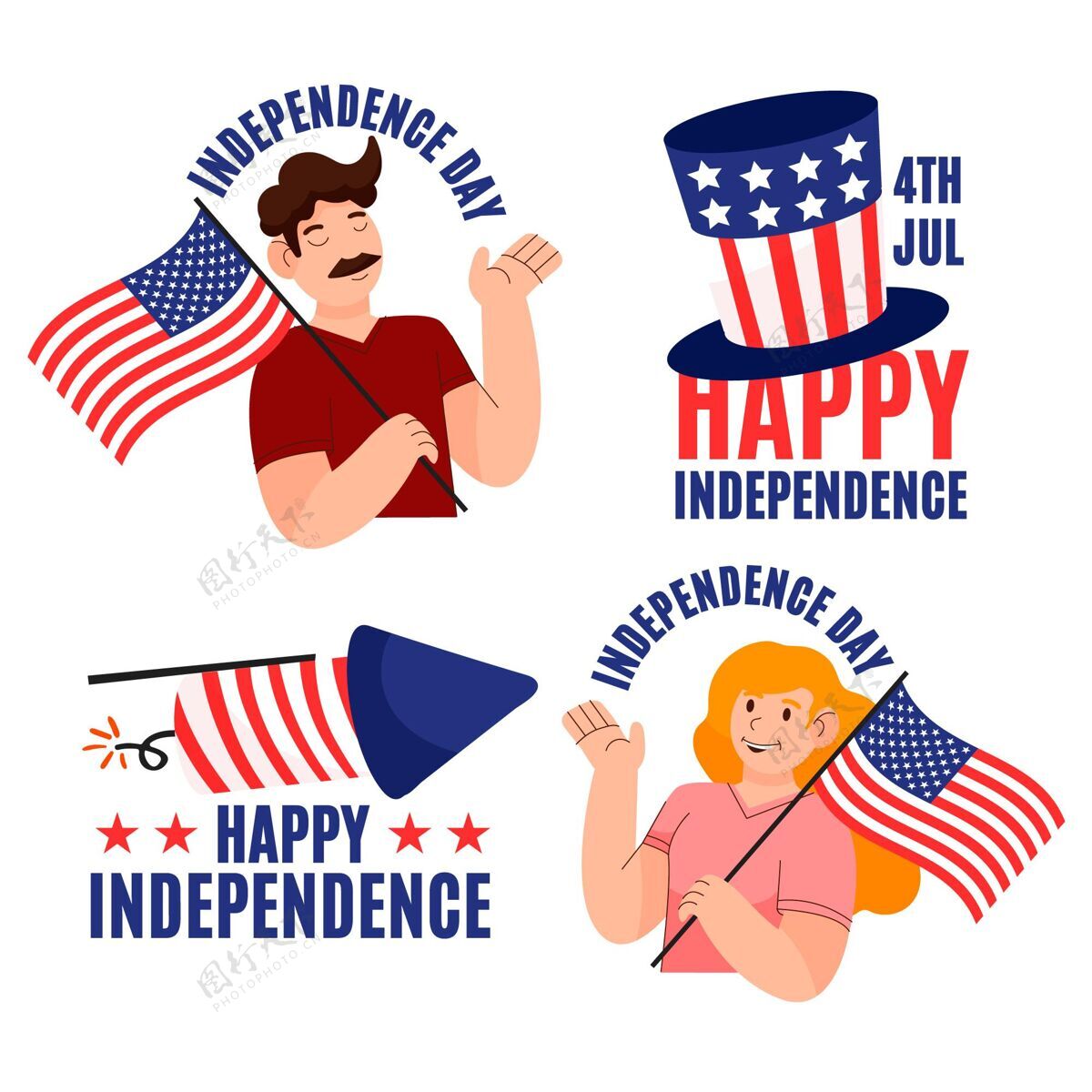 7月4日徽章卡通七月四日-独立日标签收集标签美国卡通
