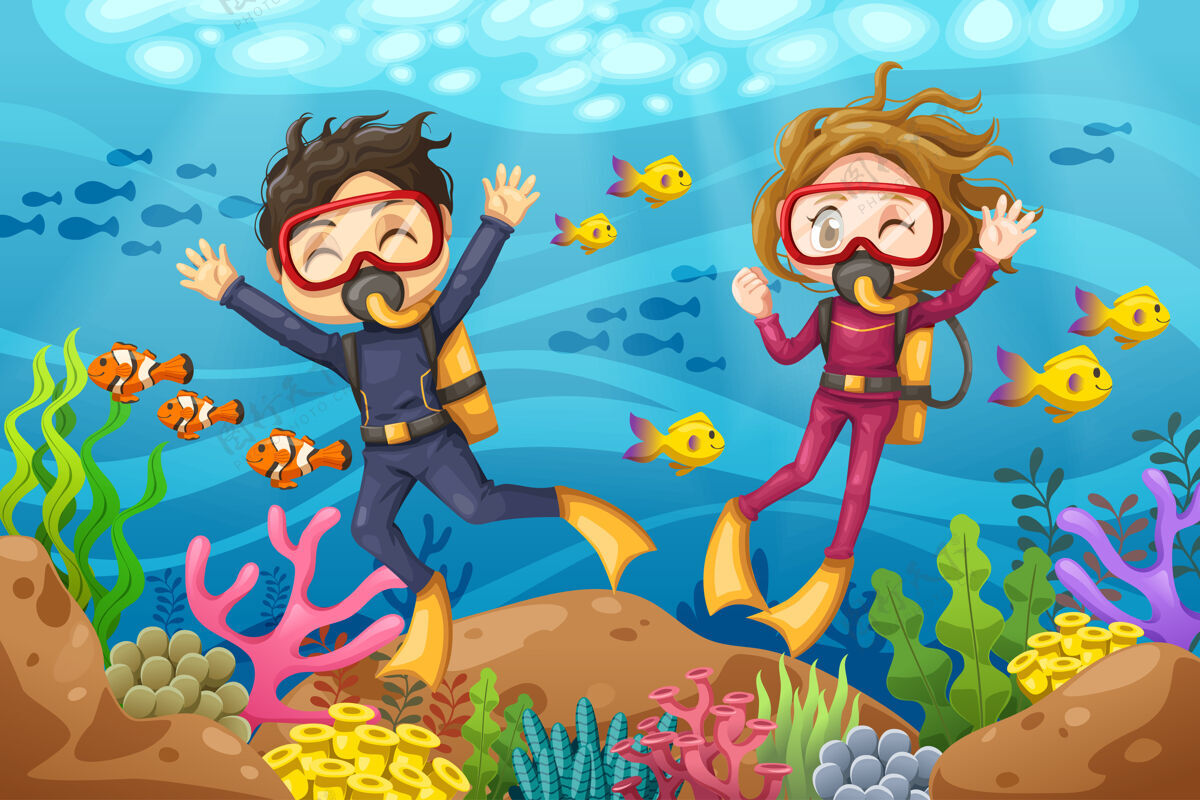 异国情调戴着面具的年轻男女戴着水肺潜水员潜入海底面具设备卡通