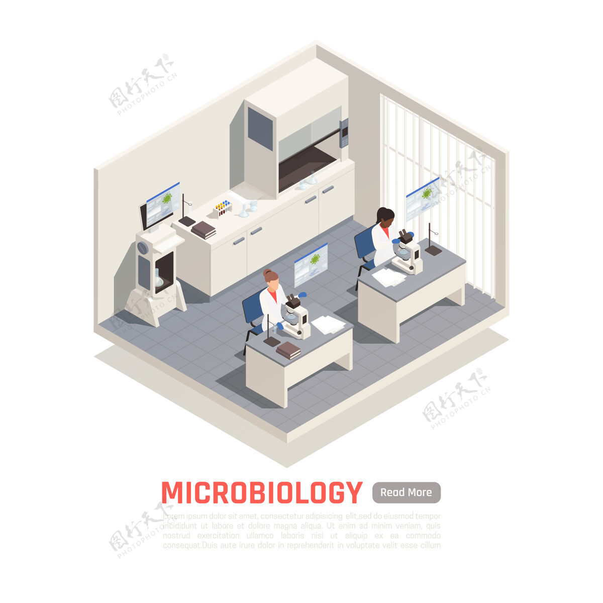 研究生物技术科学家在实验室用显微镜做三维等距图人微生物学多彩