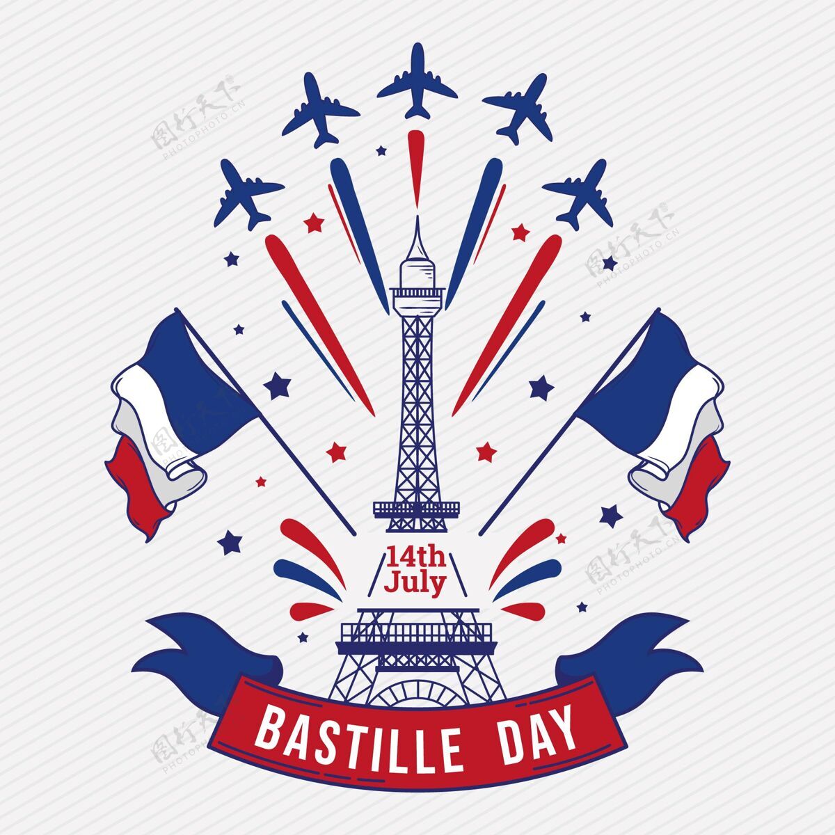 纪念手绘巴士底日插图埃菲尔铁塔法国庆祝