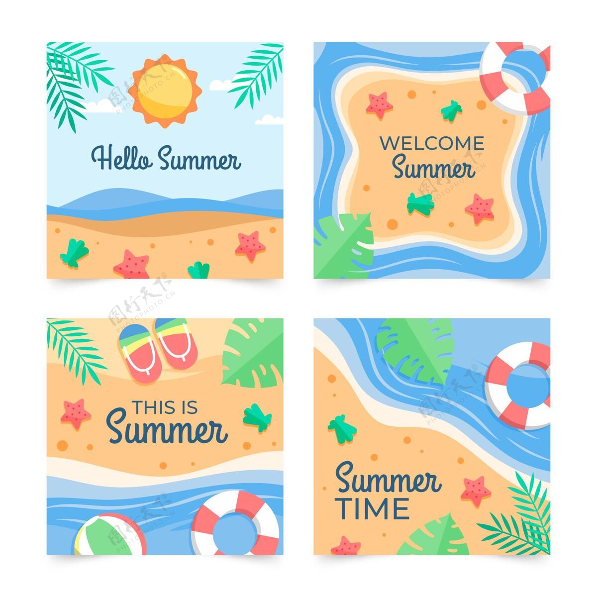 夏季卡片扁平夏季卡片收集集合平面设计夏季卡片集合