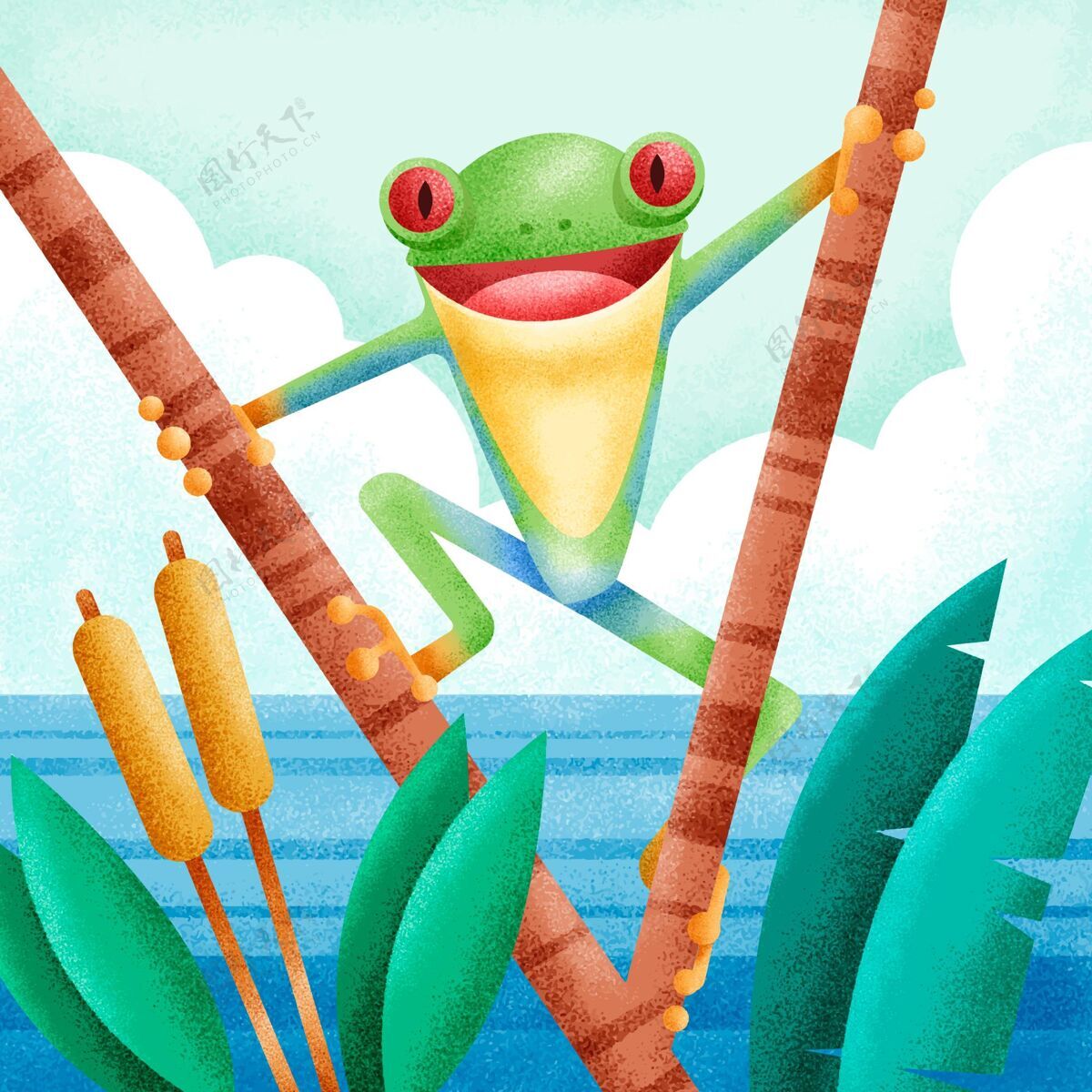 可爱绿色青蛙在其自然栖息地的插图动物野生绿色