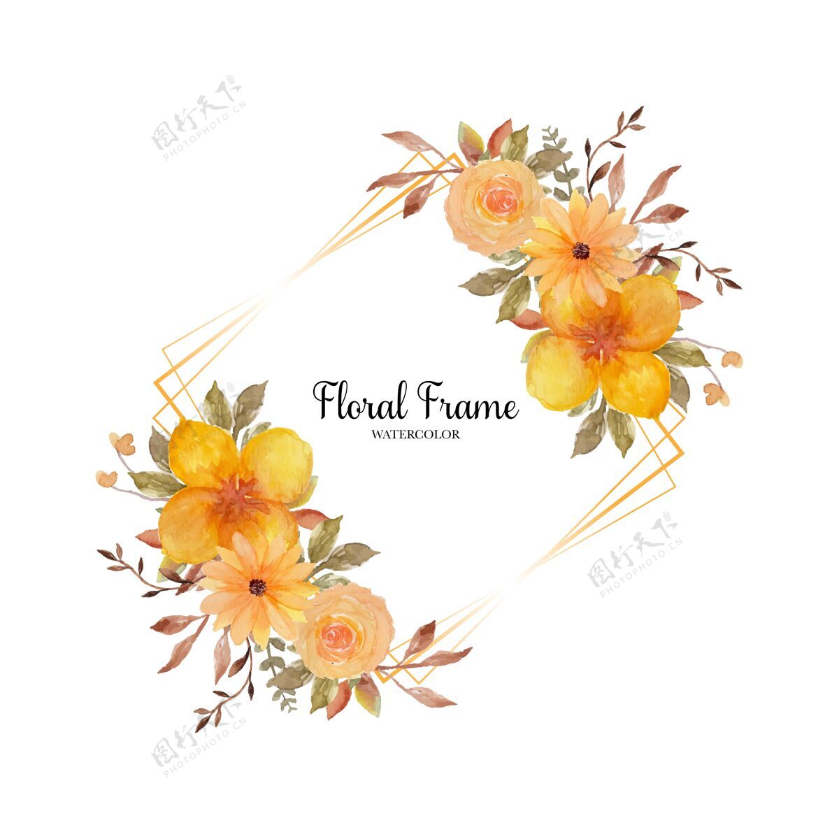 开花可爱的黄色乡村花框架装饰叶棕色
