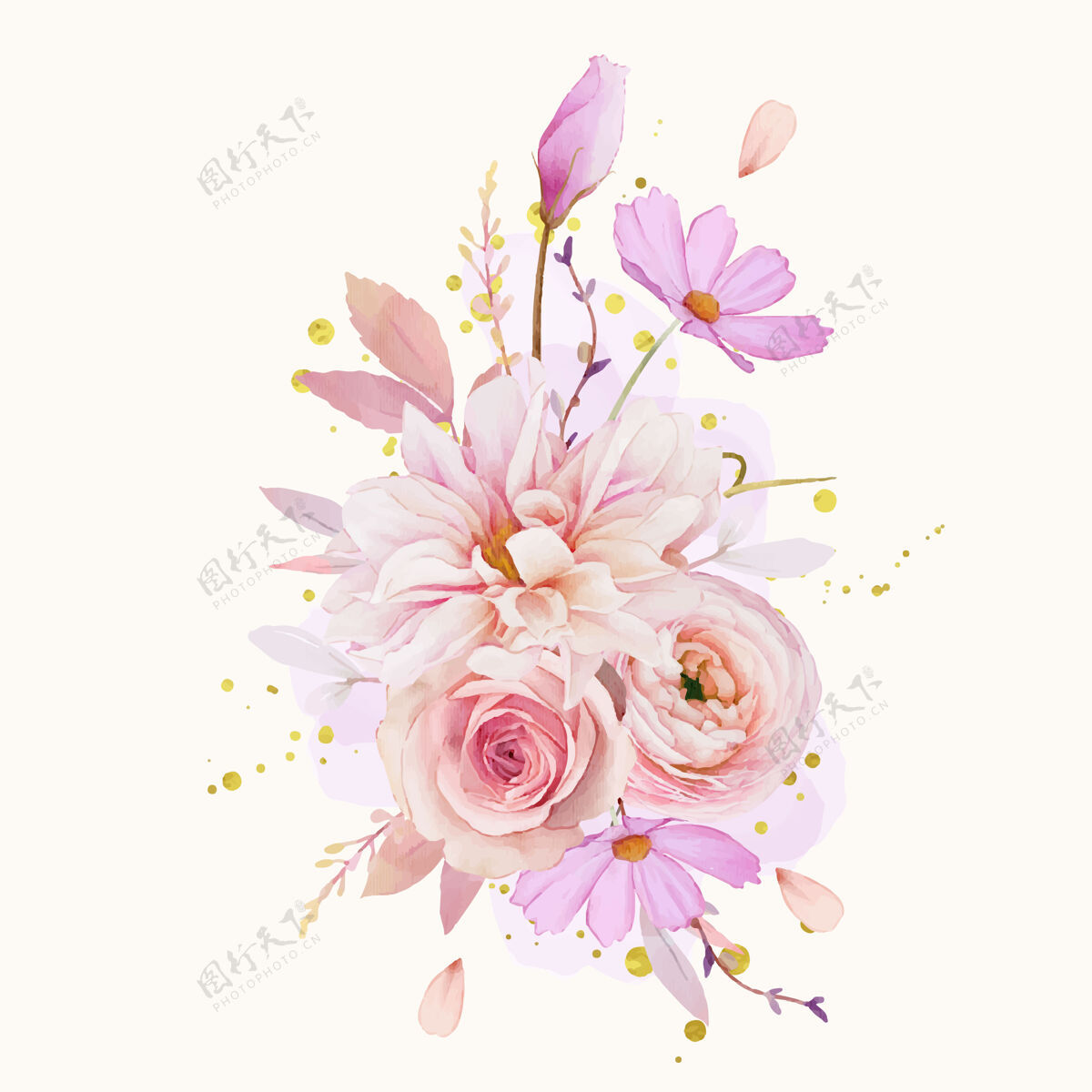 手绘水彩玫瑰大丽花和毛茛花束优雅花卉花卉