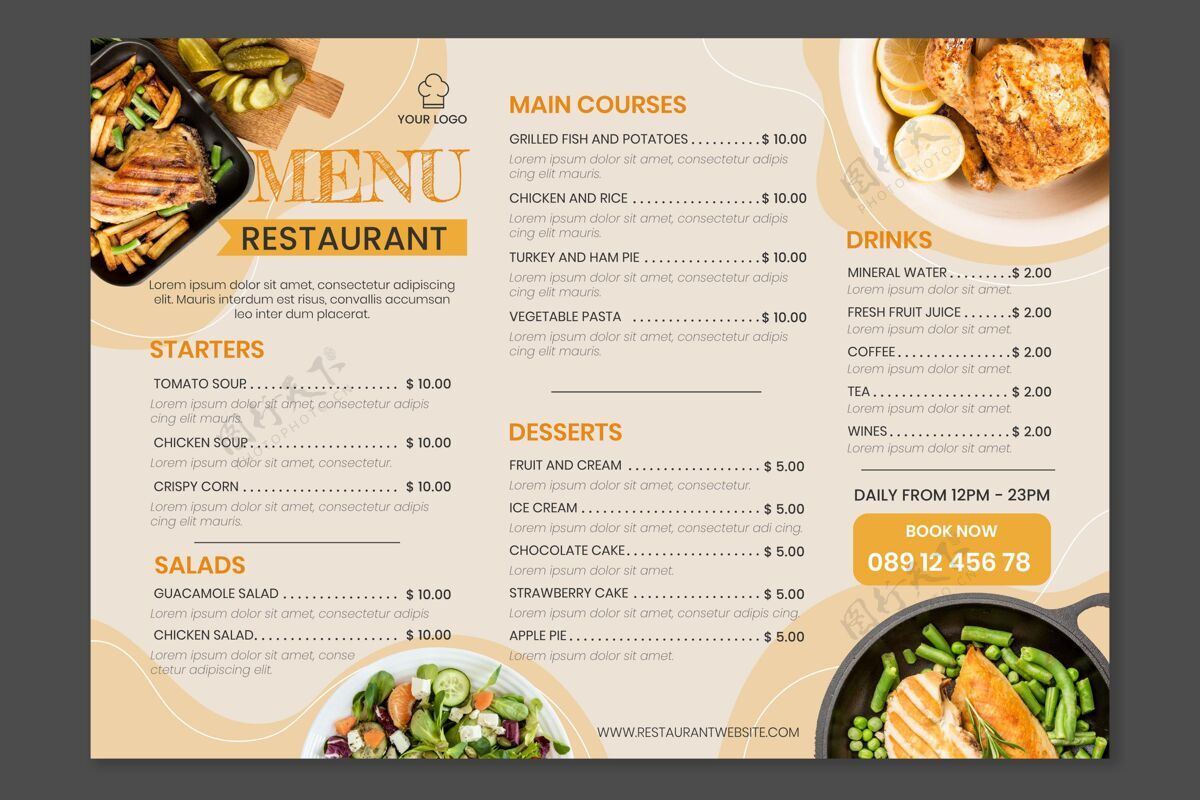 小酒馆有机平面乡村餐厅菜单模板与照片随时打印平面设计餐厅