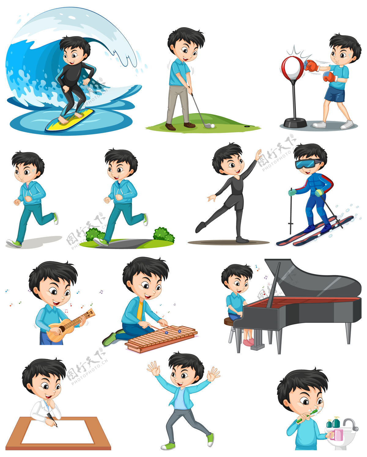 爱好一个男孩做不同的活动训练玩耍钢琴