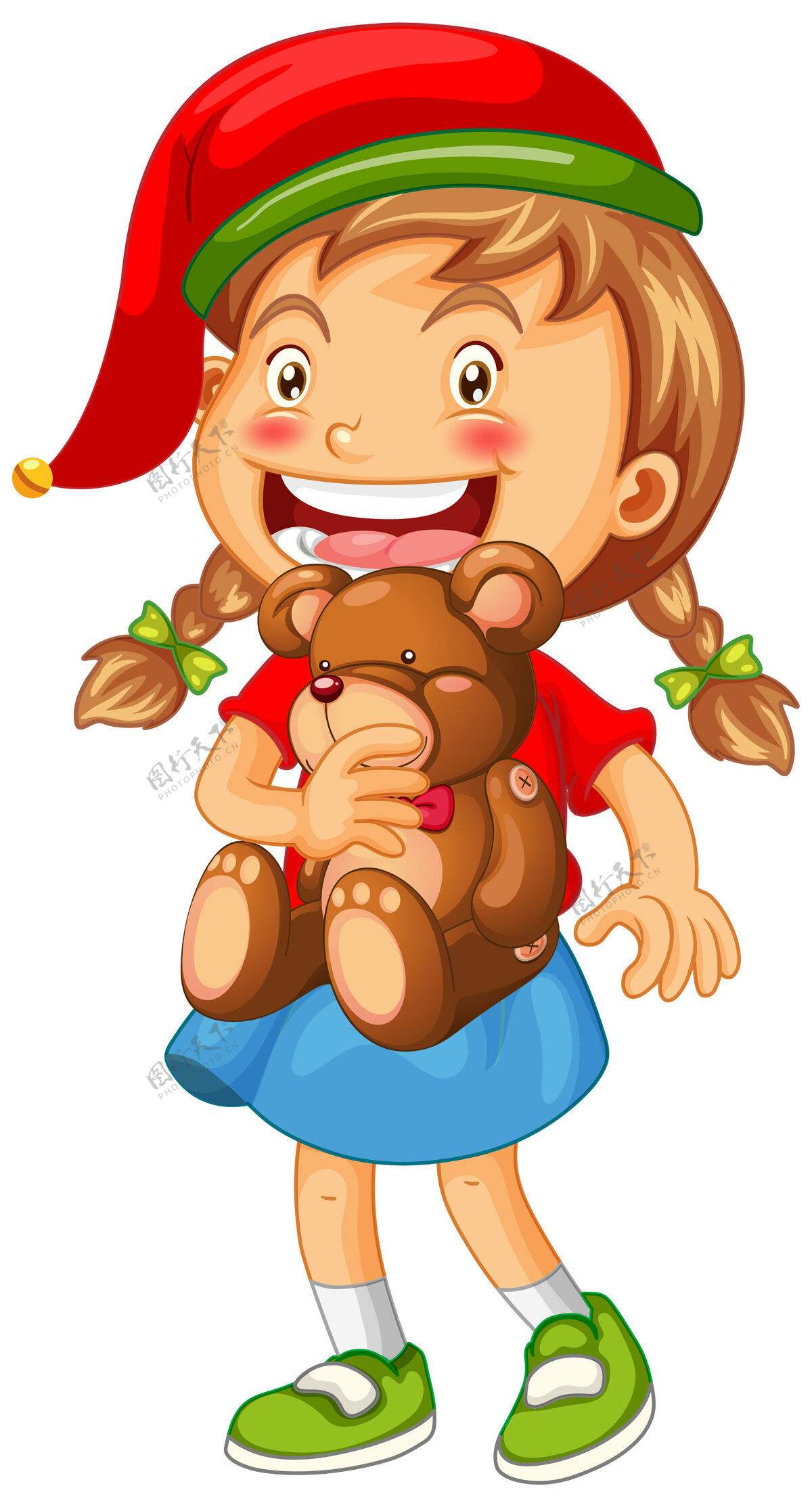 人可爱的女孩戴着圣诞帽 手里拿着白色的泰迪熊衣服拥抱圣诞老人