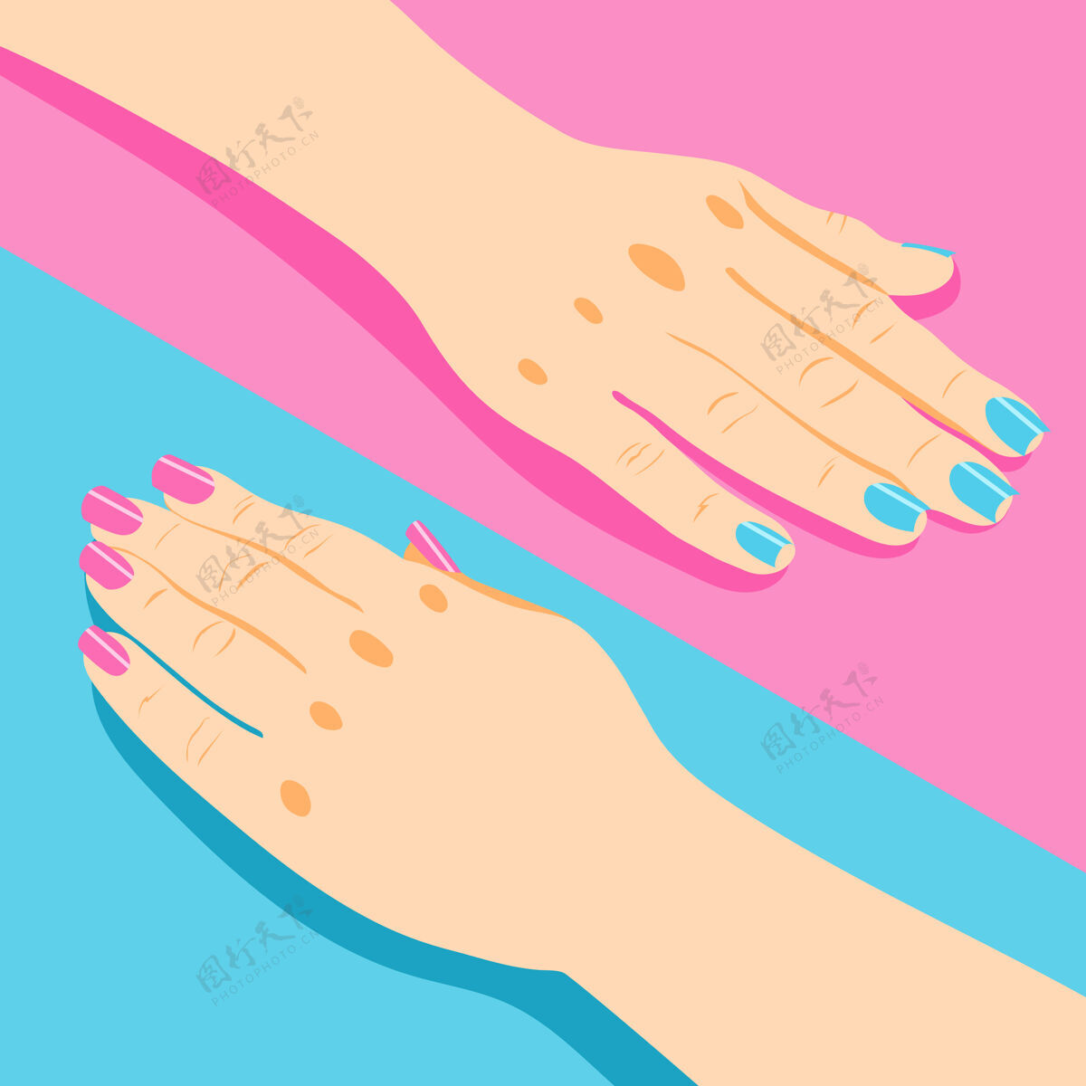 美甲美甲等长与女性手粉红色和蓝色指甲三维隔离粉红色蓝色女性