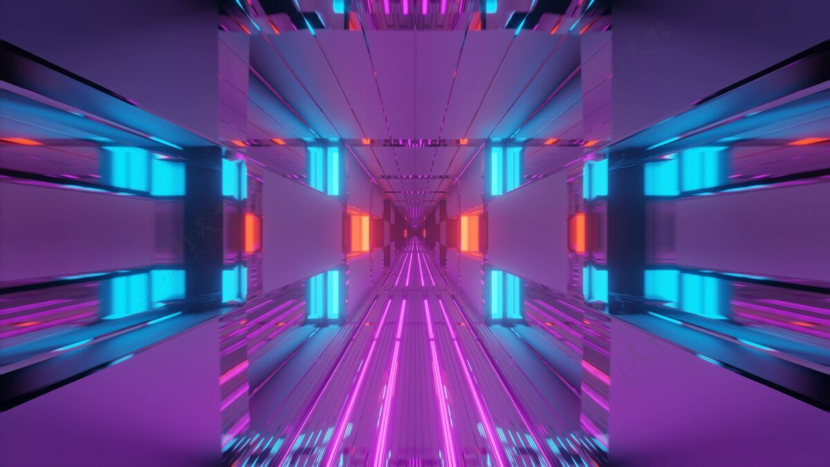 几何未来的隧道走廊与霓虹灯发光 一个三维渲染背景壁纸三维渲染能源未来