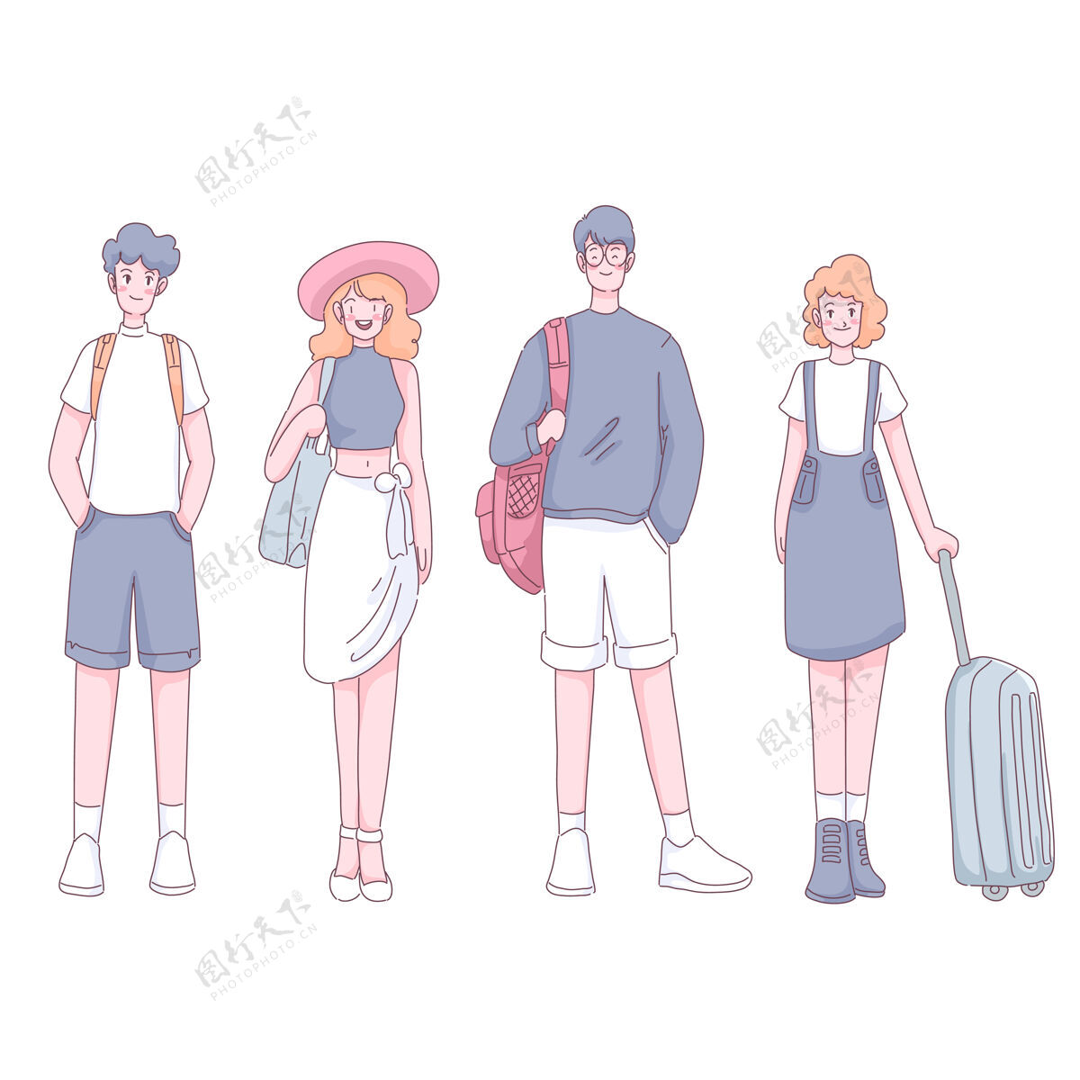 行李一群游客带着行李和背包站在卡通人物站朋友情侣
