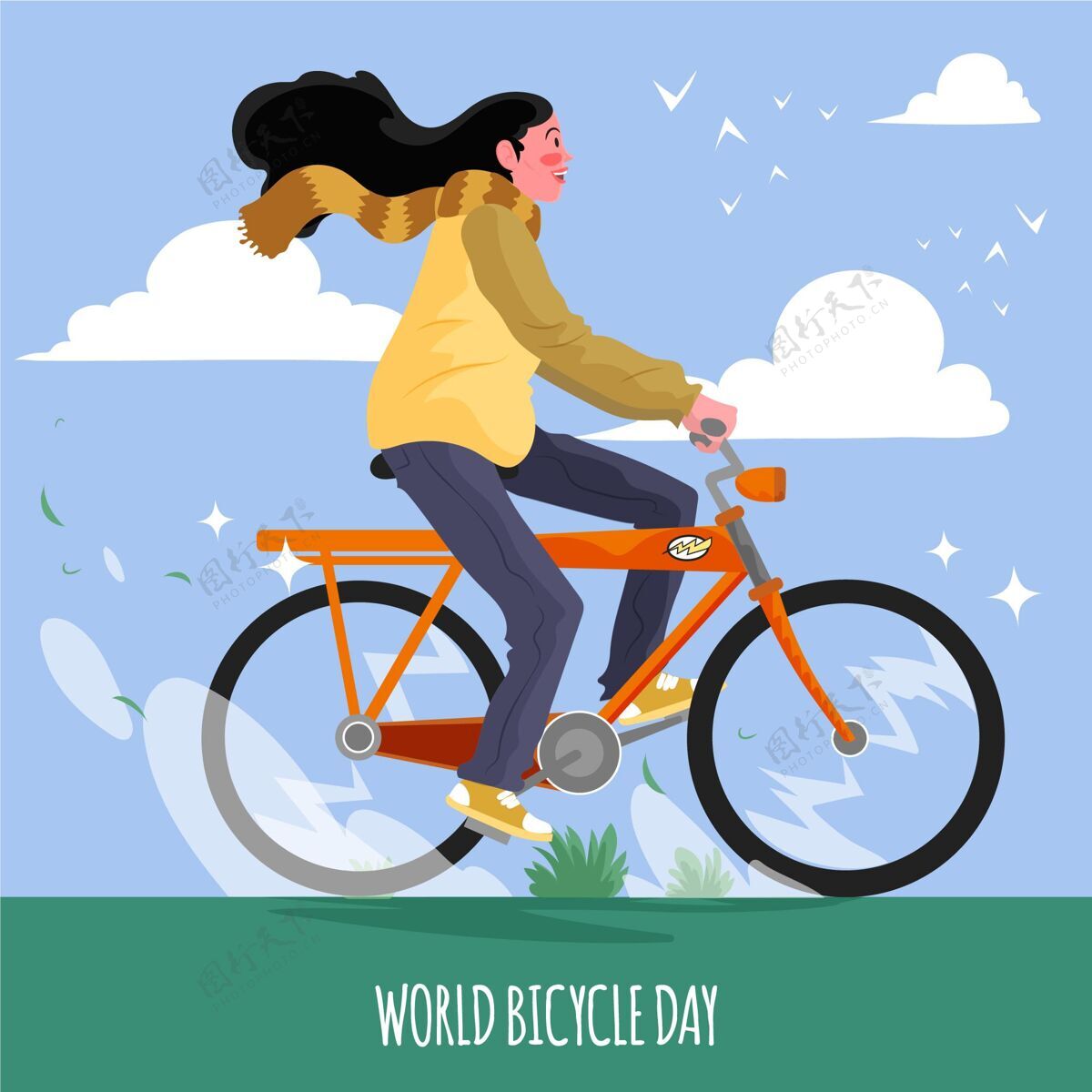 环保手绘世界自行车日插图骑自行车清洁自行车