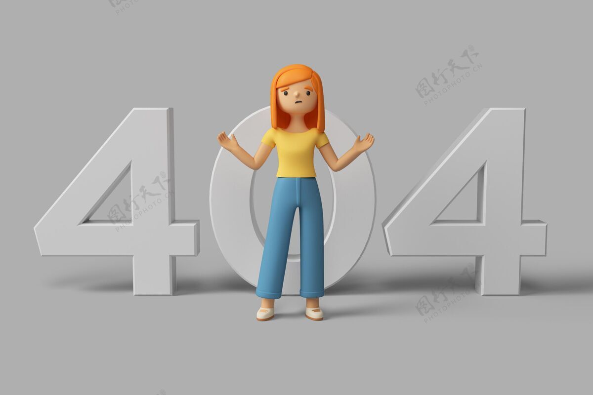 角色带404错误信息的3d女性角色卡通三维位置