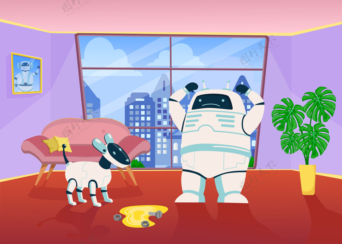 房子愤怒的机器人责骂机械狗在家里的地板上撒尿科技搞笑朋友