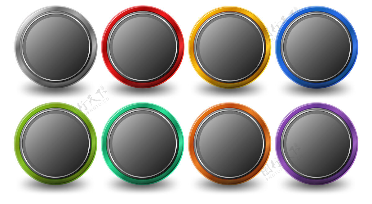 绿色一套圆形按钮与金属框架隔离在白色背景上卡通灰色标牌
