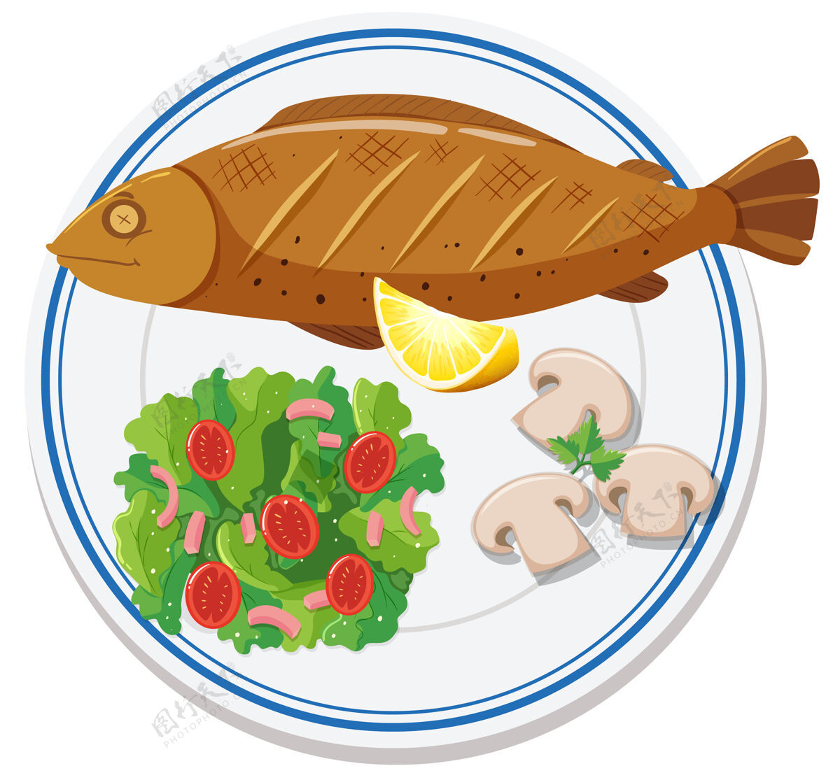 鱼盘子里食物的鸟瞰图空中美味生物