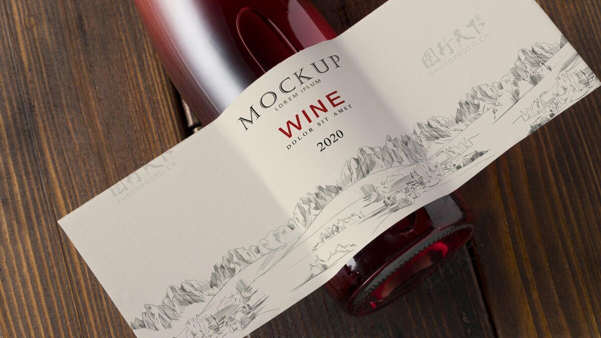 模型酒瓶标签模拟俯视图酒瓶葡萄酒特写