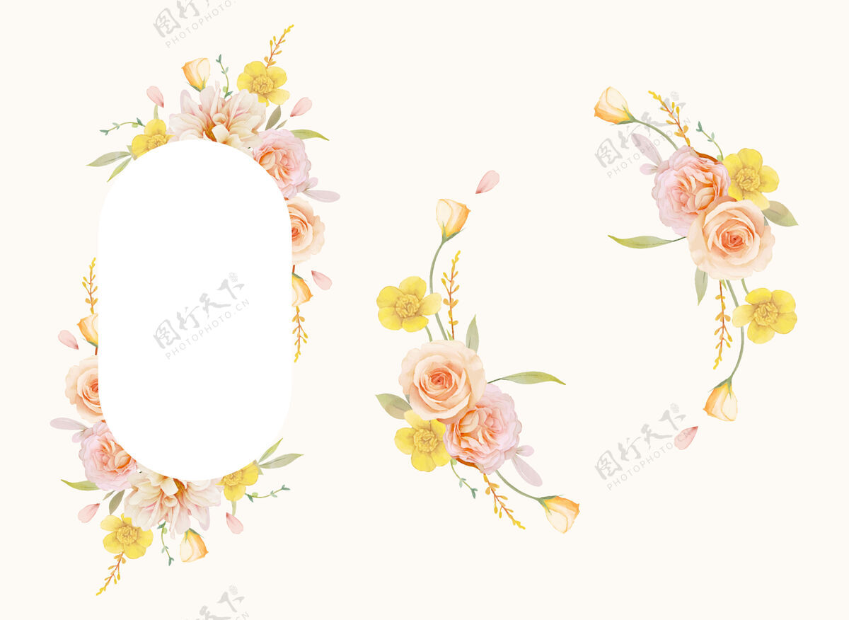 手绘美丽的花卉框架与水彩玫瑰和大丽花框架水彩大丽花