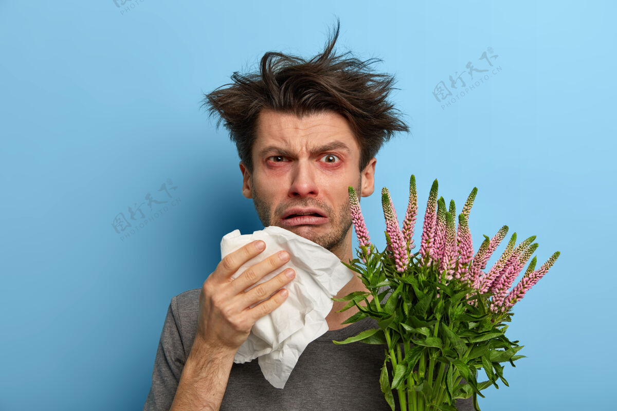 问题不幸生病的欧洲男人患有鼻炎和过敏 在餐巾纸上打喷嚏 呼吸困难 抱着盛开的植物 看起来很沮丧 在蓝色的墙壁上摆姿势 感觉不舒服欧洲感染花粉