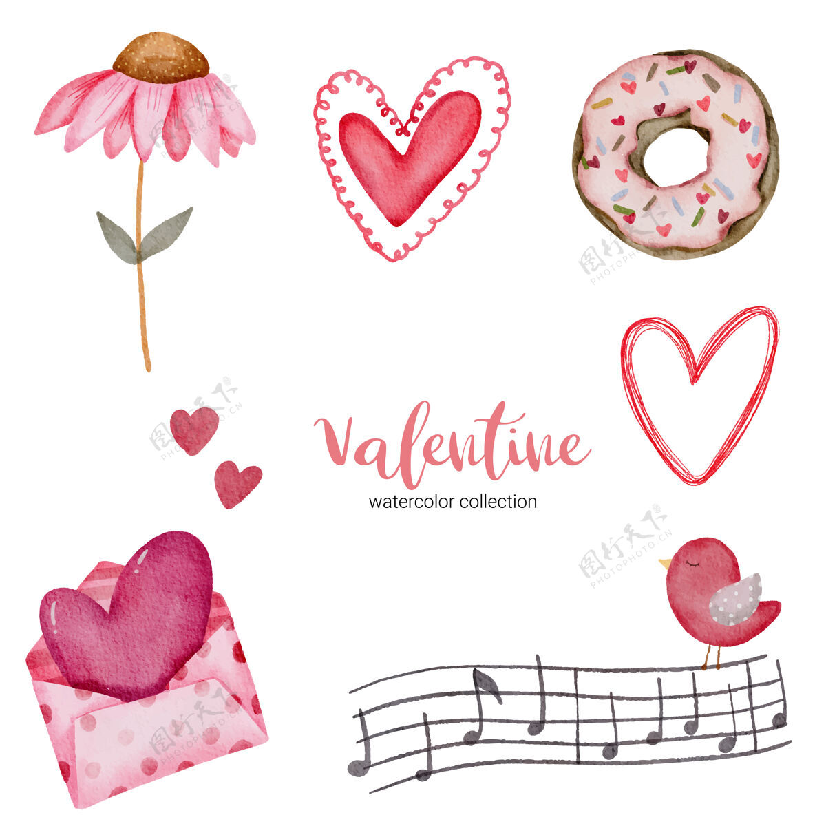 浪漫情人节套装元素信封 向日葵 甜甜圈 礼品等情人节设置水彩