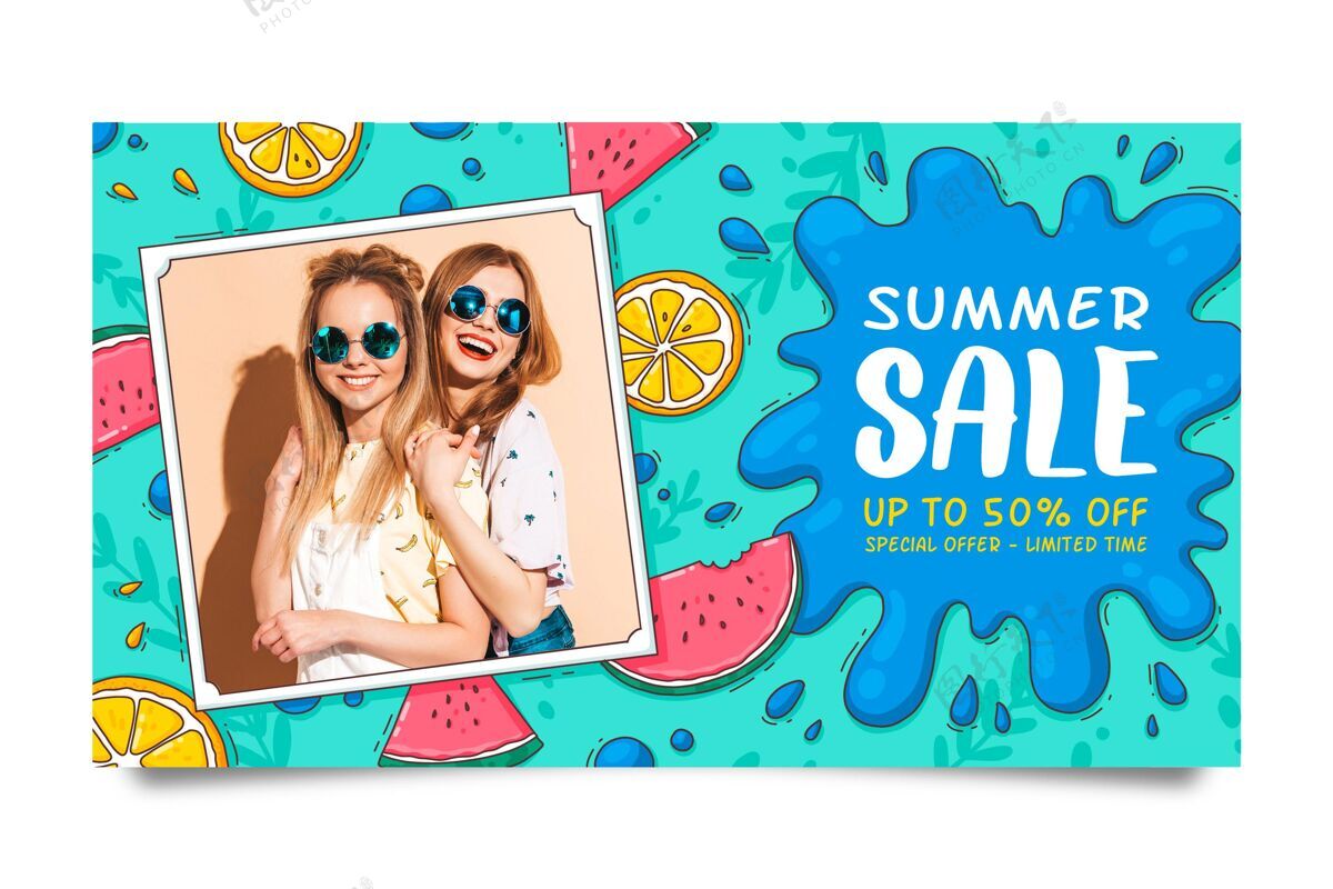 季节手绘夏季销售横幅与照片模板横幅夏季购买