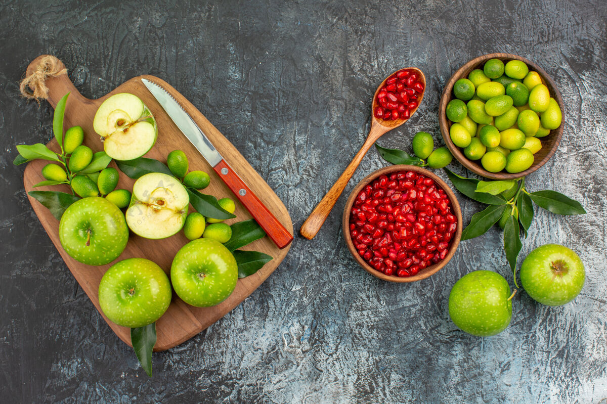 可食用水果顶视水果苹果柑橘石榴籽板配苹果刀板石榴新鲜