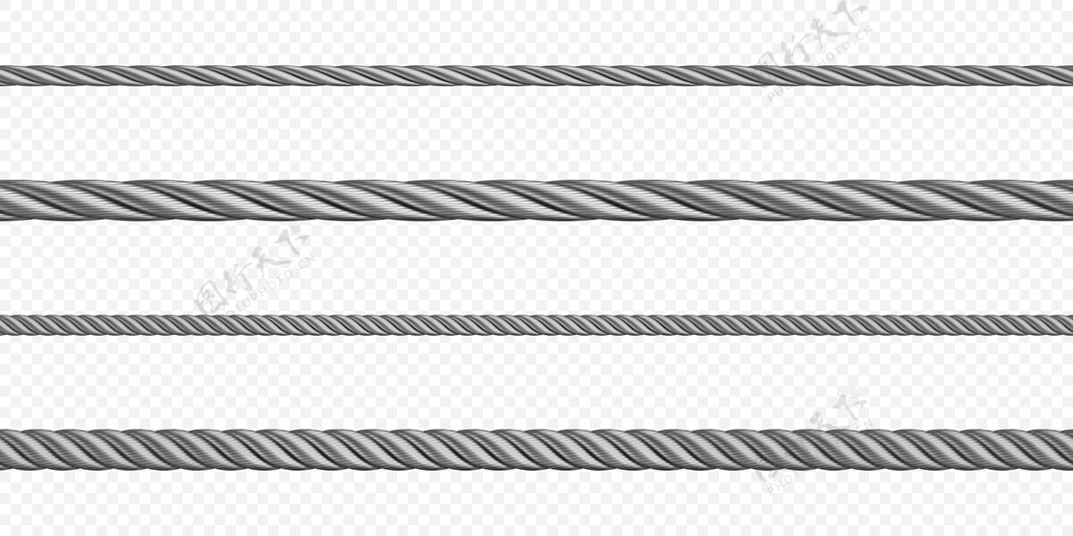 特写金属绳索不同尺寸的钢丝绳银色绞合电缆或线装饰缝纫物品或工业物品隔离套集合薄设备