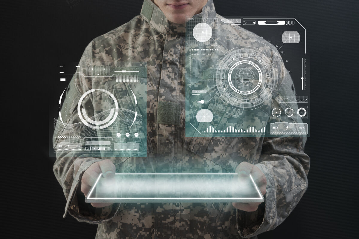 电影士兵使用虚拟平板全息技术技术眼镜体验