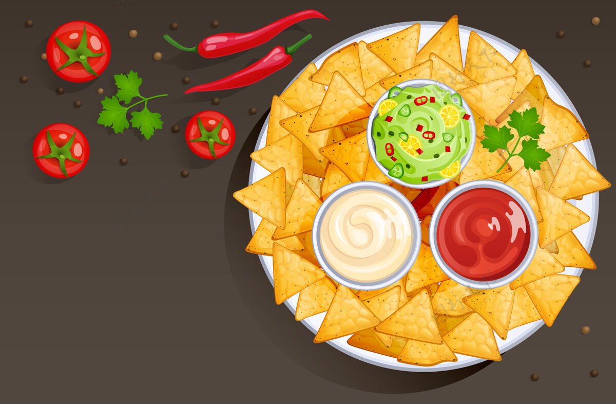 辣椒碗里有墨西哥玉米片和酱汁的菜墨西哥食品卡通风格的插图玉米墨西哥卡通