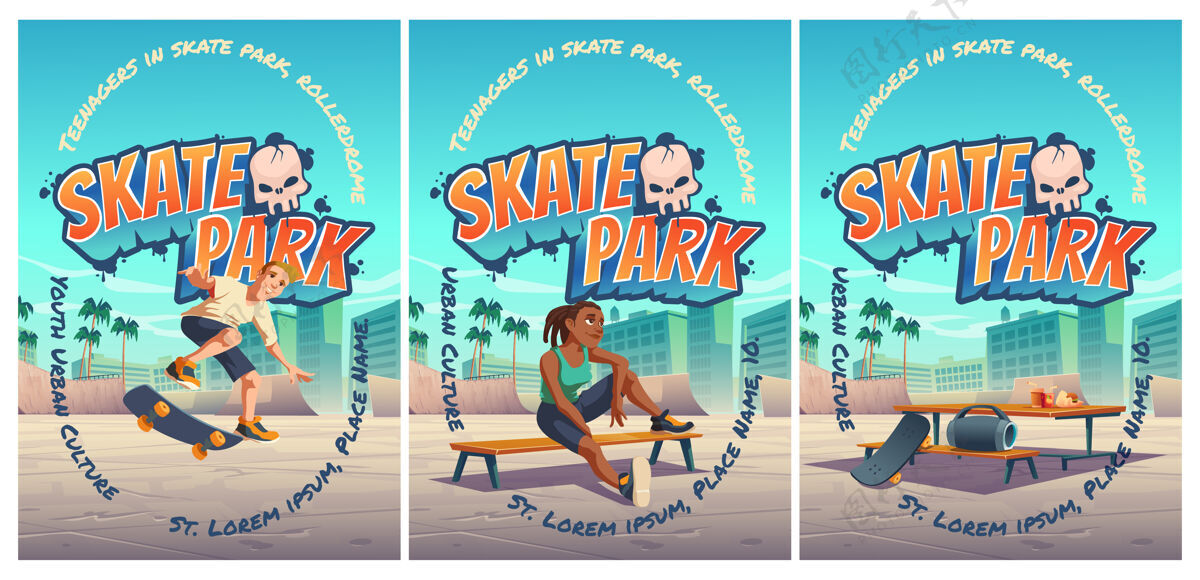 海报滑板公园海报 男孩在溜冰场的滑板上骑车卡通城市景观 带坡道 青少年在极限运动活动的跑道操场上跳跃轨道运动男孩