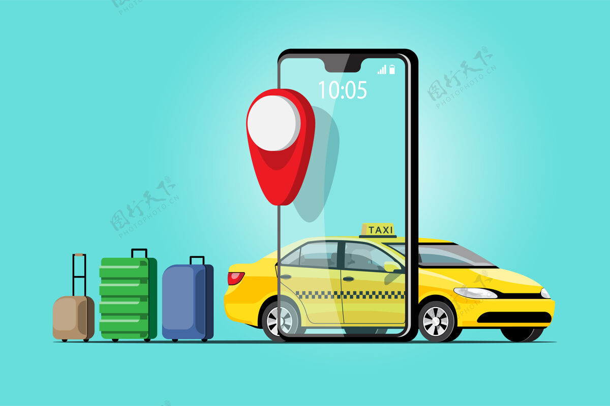 轿车交付出租车在线汽车共享卡通人物和智能手机智慧城市交通概念 插图选项乘客旅程