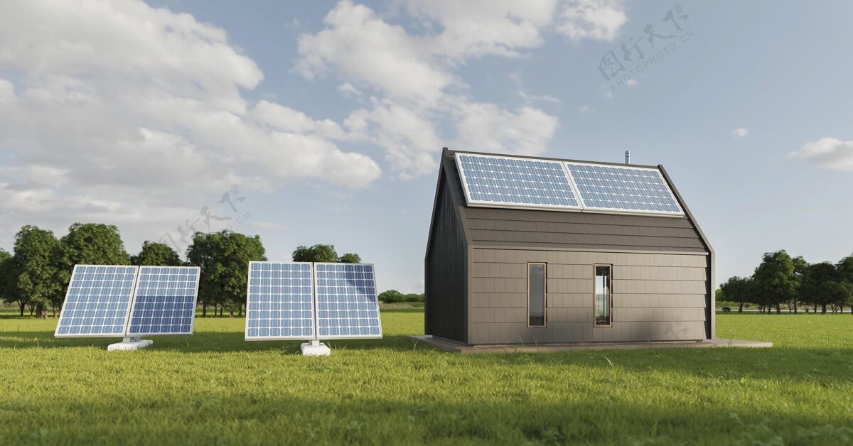 3d带太阳能面板的3d房子环保太阳能电池板可再生能源